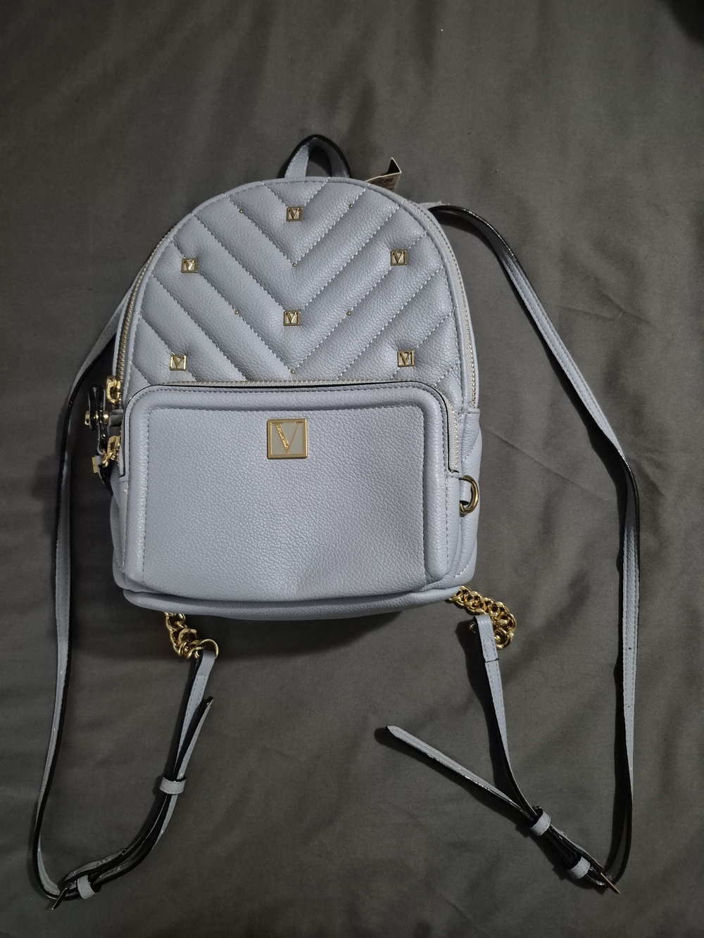 V-Accent Quilted Mini Backpack - Light Gray